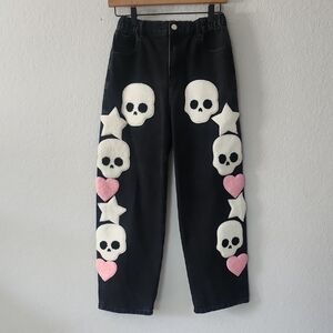 SHEIN Black Jeans with Skull, Star, and Heart Designs